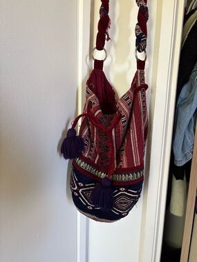 World Market Bohemian Maroon & Navy Tassel Shoulder Bag